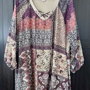 Boho Patchwork V-Neck Peasant Top in Plum and Cream